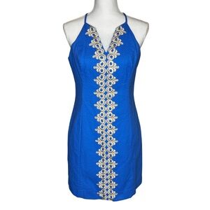 Lilly Pulitzer Blue Halter Sheath Dress Gold Embellished Size 10